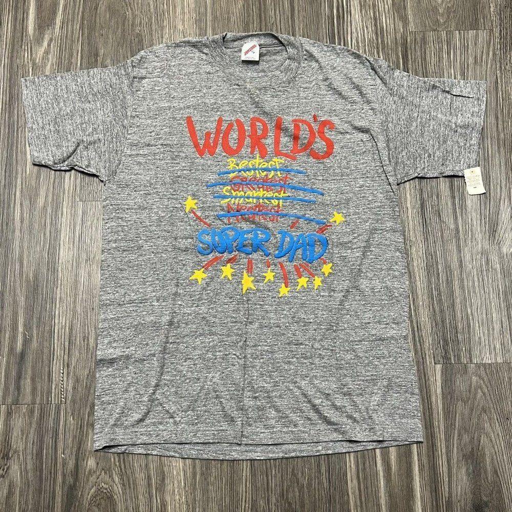 Vintage New XL Worlds Super Dad Shirt On Jerzees Tag Made In USA Single Stitch